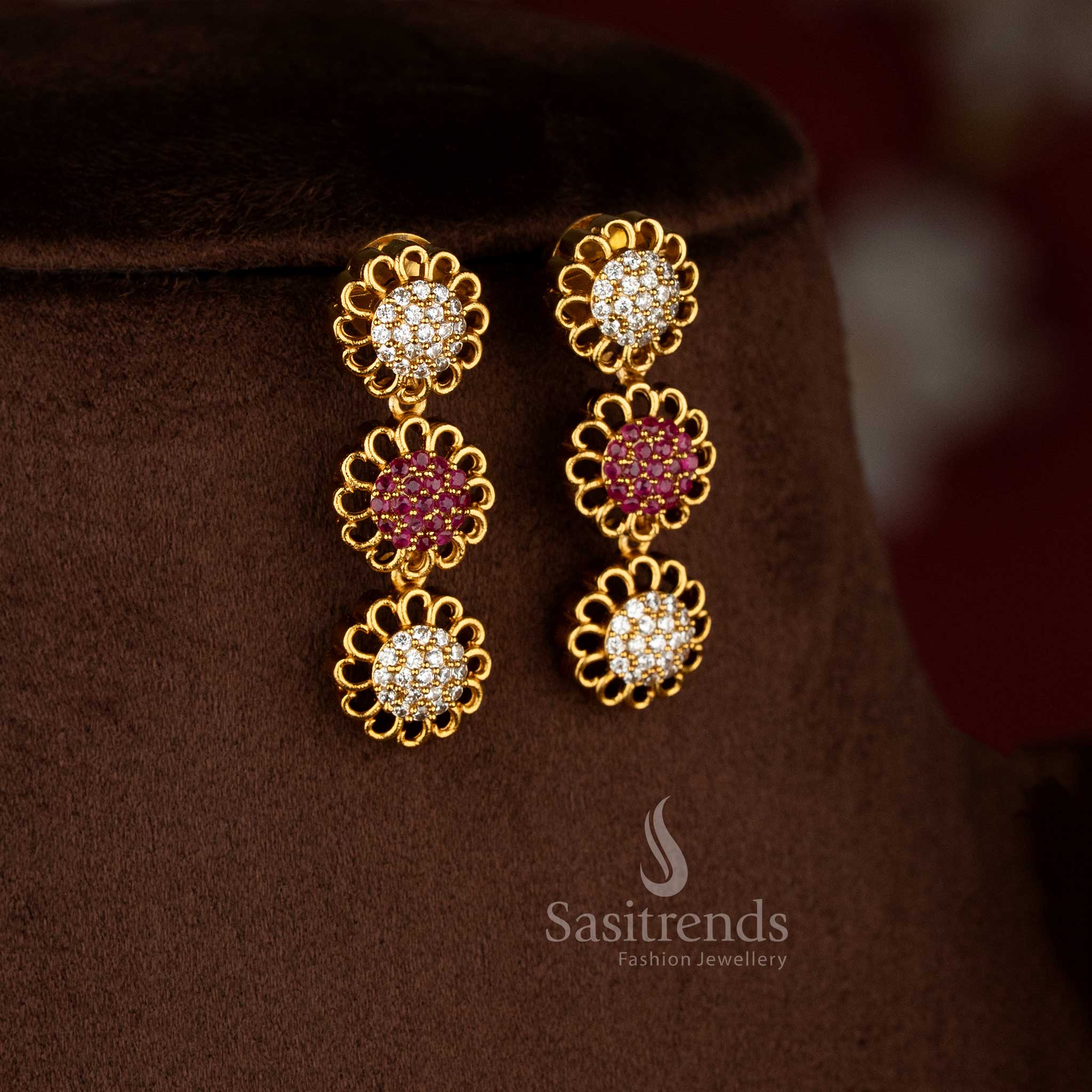 Graceful Eternal Bloom American diamond matte gold plated white ruby round flower earrings for sarees and festive occasions – Sasitrends  