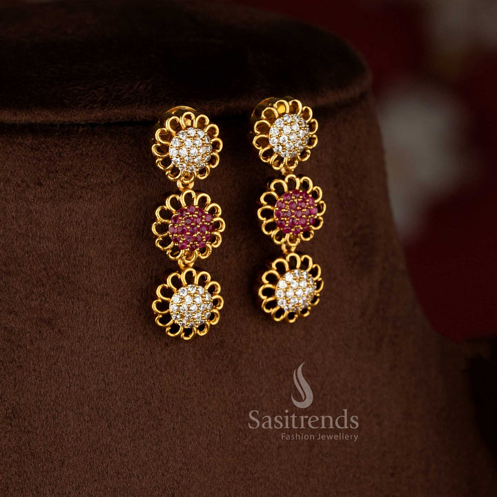 Graceful Eternal Bloom American diamond matte gold plated white ruby round flower earrings for sarees and festive occasions – Sasitrends  