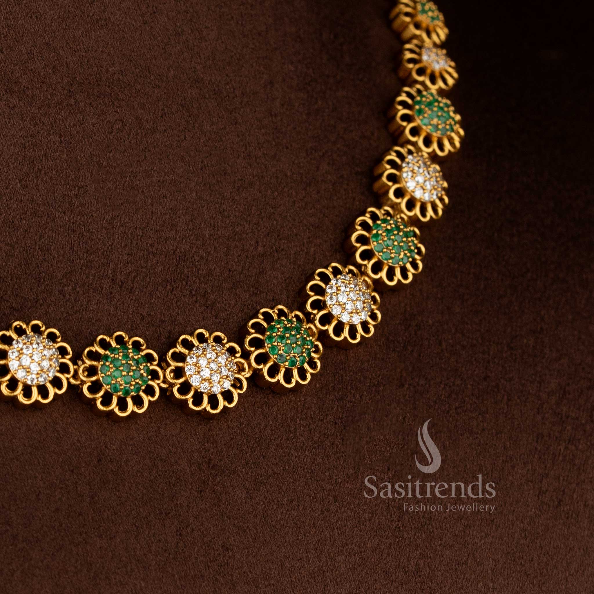 Graceful Eternal Bloom American diamond matte gold plated white Green round flower earrings for sarees and festive occasions – Sasitrends  