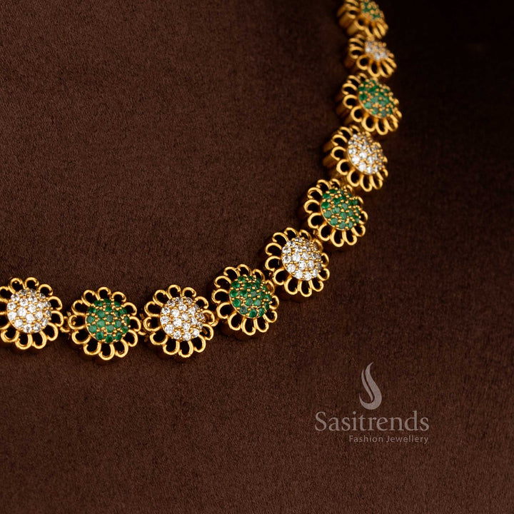 Graceful Eternal Bloom American diamond matte gold plated white Green round flower earrings for sarees and festive occasions – Sasitrends  