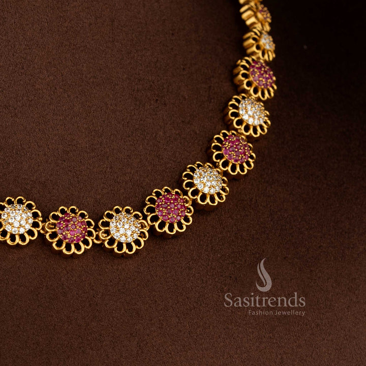 Graceful Eternal Bloom American diamond matte gold plated white ruby round flower earrings for sarees and festive occasions – Sasitrends  