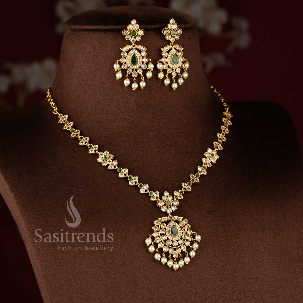 Festive wear matte gold plated necklace set featuring intricate floral pattern craftsmanship - Sasitrends