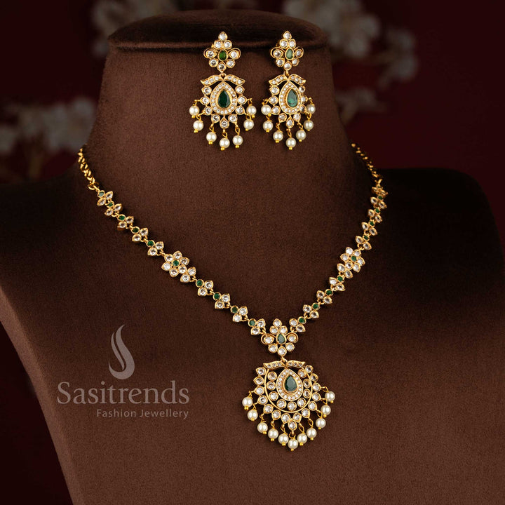 Festive wear matte gold plated necklace set featuring intricate floral pattern craftsmanship - Sasitrends