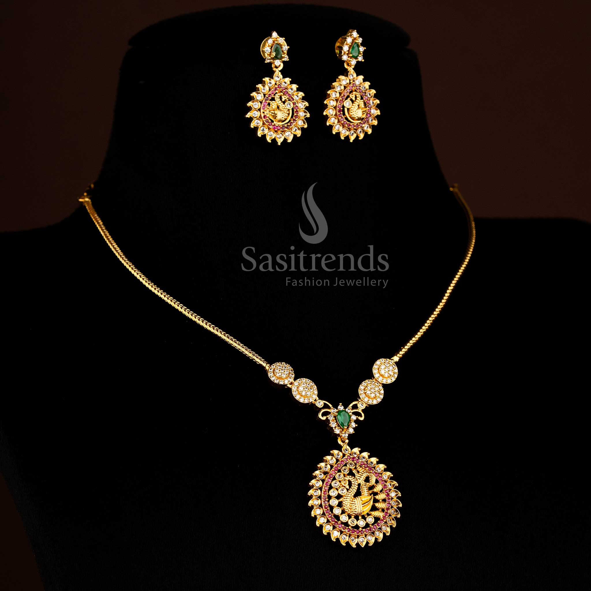 Traditional matte gold plated multi colour peacock pendant chain necklace with sparkling AD stones for festive elegance -Sasitrends