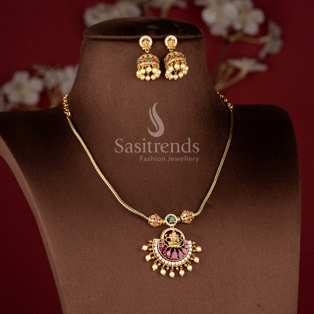 Matte Gold Plated American Diamond Lakshmi Pendant Traditional Chain Set with Matching Jhumkas - Sasitrends