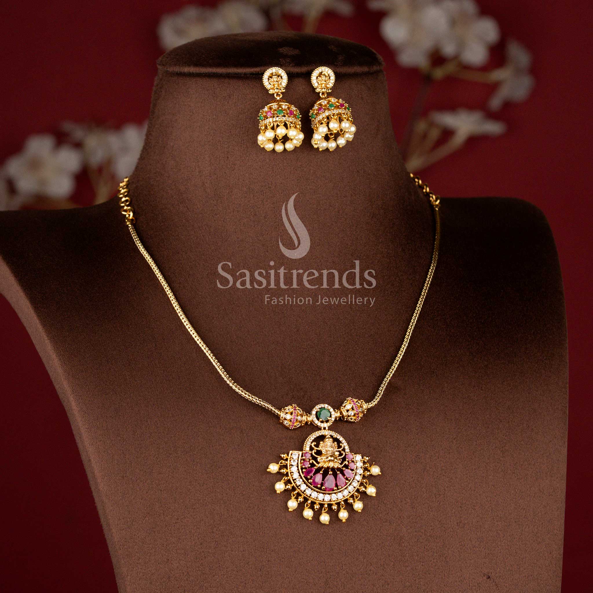 Matte Gold Plated American Diamond Lakshmi Pendant Traditional Chain Set with Matching Jhumkas - Sasitrends