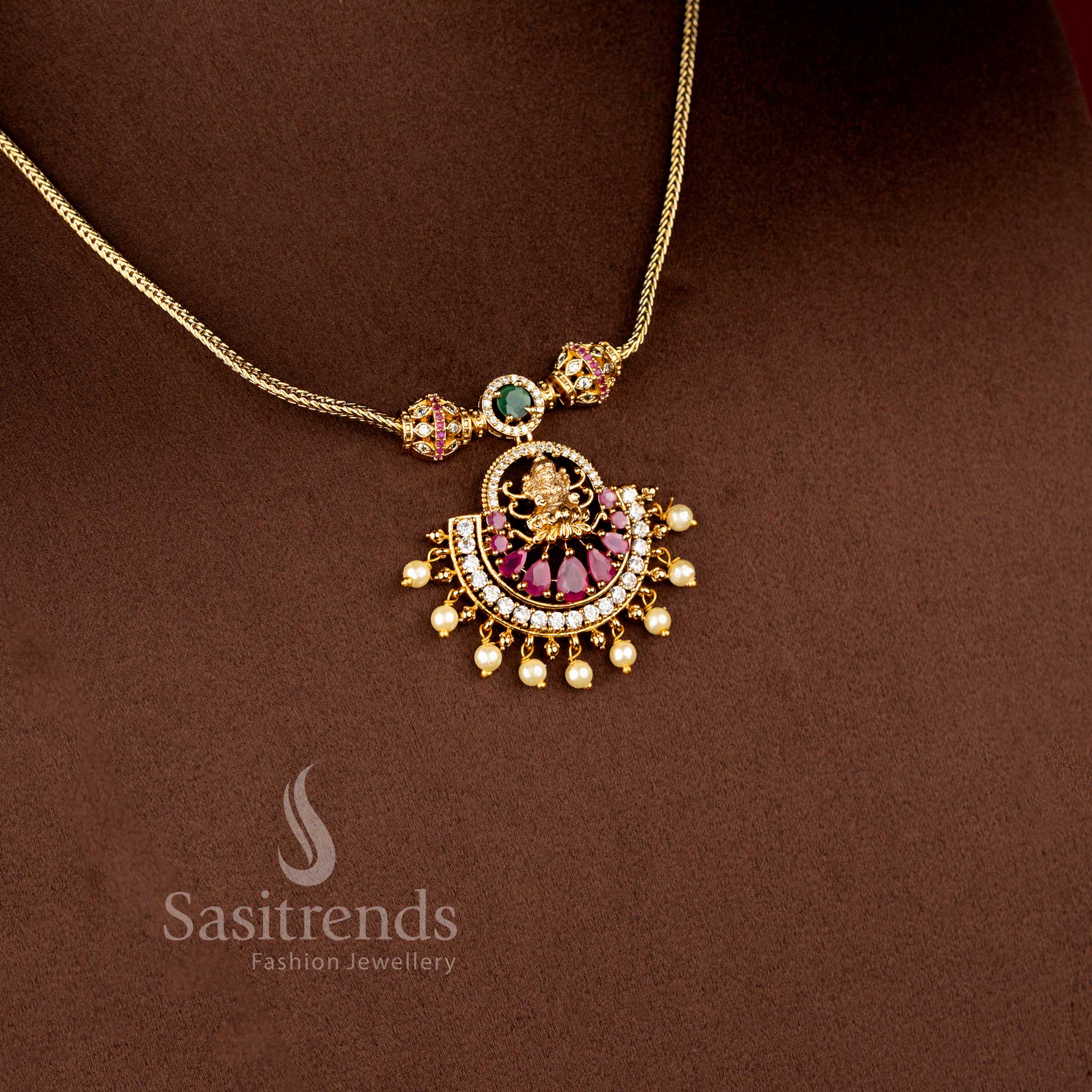 Matte Gold Plated American Diamond Lakshmi Pendant Traditional Chain Set with Matching Jhumkas - Sasitrends