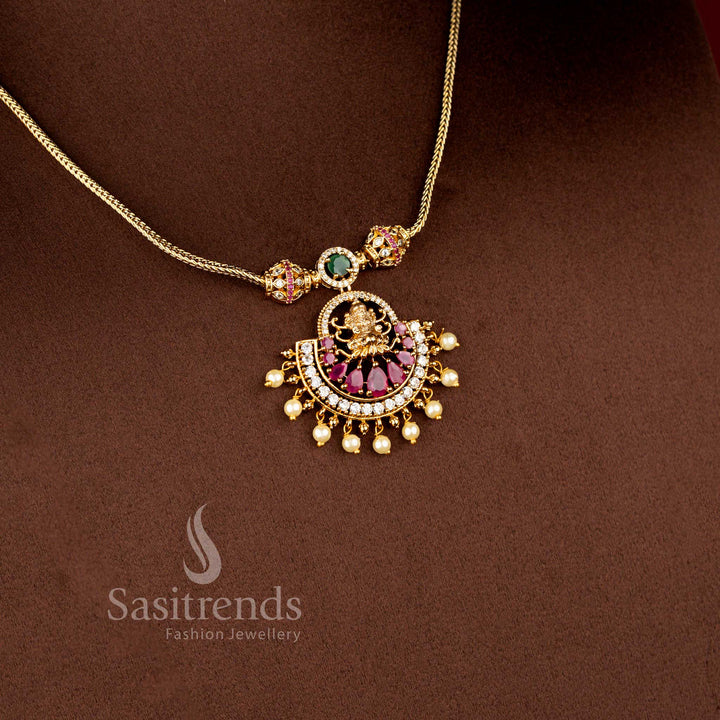 Matte Gold Plated American Diamond Lakshmi Pendant Traditional Chain Set with Matching Jhumkas - Sasitrends