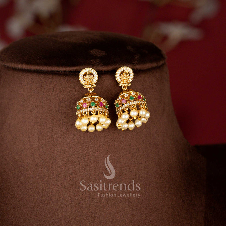 Matte Gold Plated American Diamond Lakshmi Pendant Traditional Chain Set with Matching Jhumkas - Sasitrends