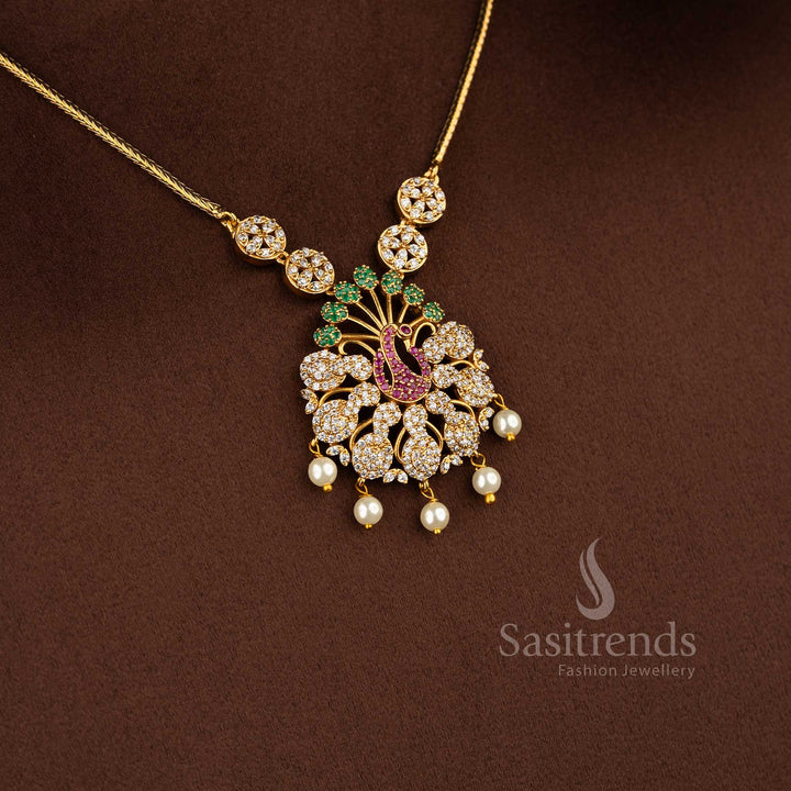 Traditional matte gold peacock design necklace set with American diamond stones for festive wear.