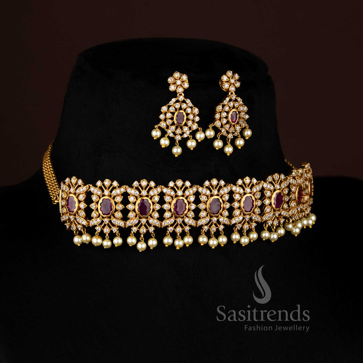 Gorgeous Floral Temple Matte Gold Plated Choker Necklace Jewellery Set with Pearls & AD Stones for Women - Sasitrends