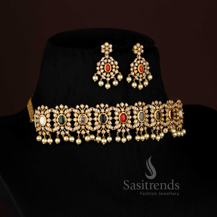 Vibrant Multi stone floral choker jewellery set with temple matte gold plating, pearl-laced contours, and artistic AD sparkle, perfect for celebratory occasions – Sasitrends