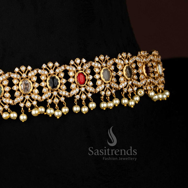 Vibrant Multi stone floral choker jewellery set with temple matte gold plating, pearl-laced contours, and artistic AD sparkle, perfect for celebratory occasions – Sasitrends