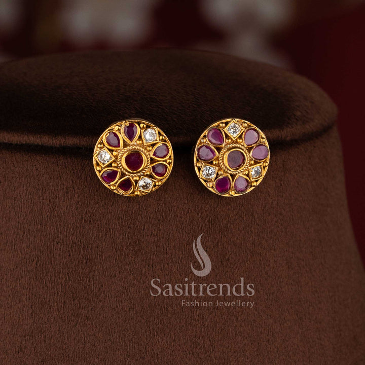 Elegant matte gold floral necklace set with ruby stone and pearl detailing for women.