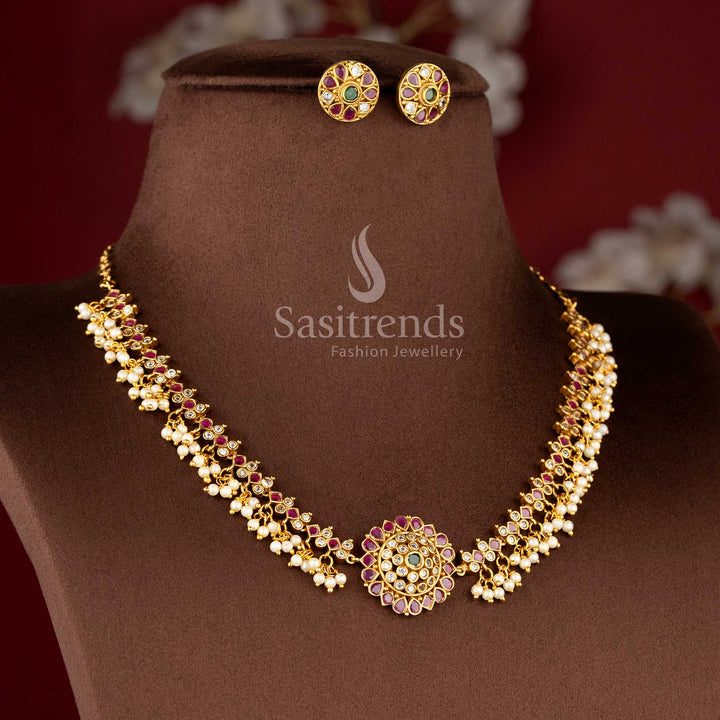 Gorgeous Floral Pendant Temple Matte Gold Plated Choker Necklace Jewellery Set with AD Stones and Pearl Drops for Women | Sasitrends