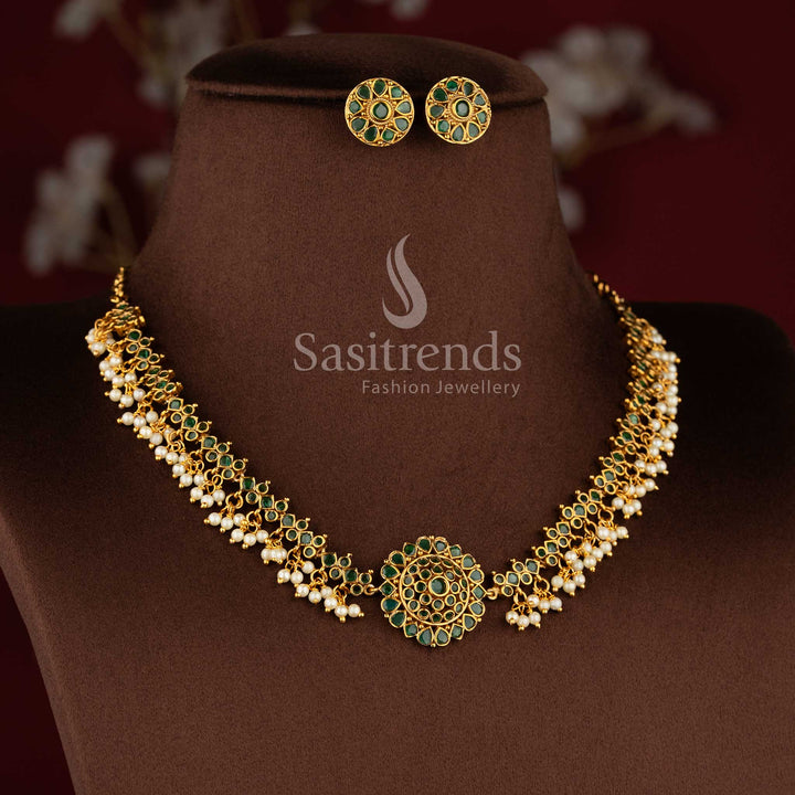 Bridal temple jewellery floral pendant choker set with AD stones and pearls in green color.