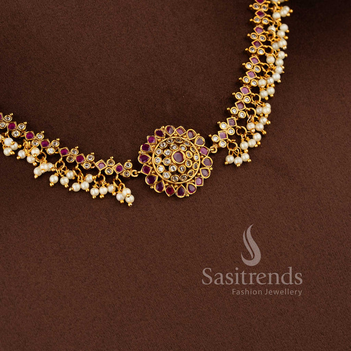Traditional matte gold plated peacock choker necklace set with jhumkas and AD stones in ruby white by Sasitrends.