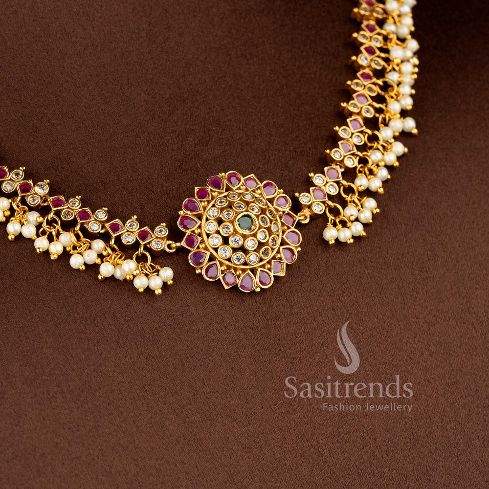 bridal choker necklace with ad stones and pearl drops south indian jewellery sasitrends