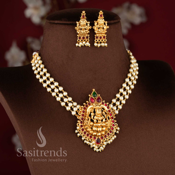 Traditional Temple Matte Gold Plated Lakshmi Pendant Choker Necklace Jewellery Set with Kemp AD Stones | Sasitrends