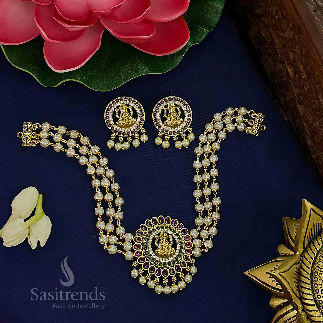 Traditional Matte Gold Plated Lakshmi Pendant Choker Necklace Set with Kemp Stones - Sasitrends