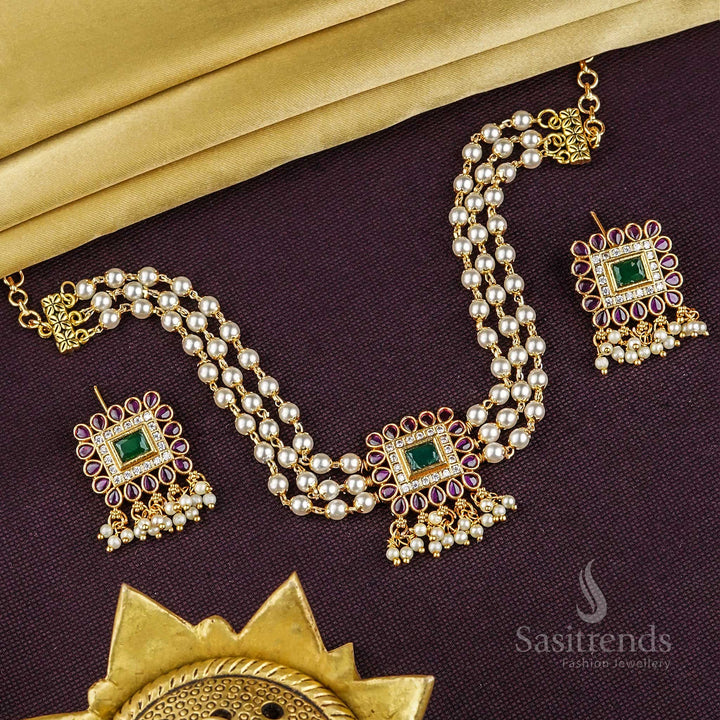 Elegant Temple Matte Gold Plated Three-Layer Pearl AD Kemp Choker Jewellery Set with Emerald Green Stone Pendant | Sasitrends