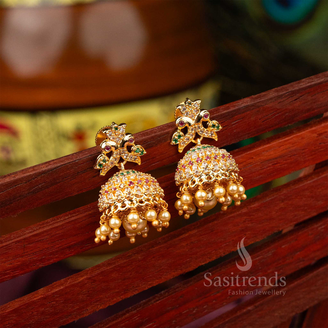 Exquisite Traditional Micro Gold Plated AD Stone Pearls Jhumkas Earrings  Sasitrends