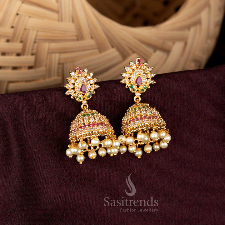 Guaranteed one gram micro gold plated ad stone multi jhumka earrings - Sasitrends