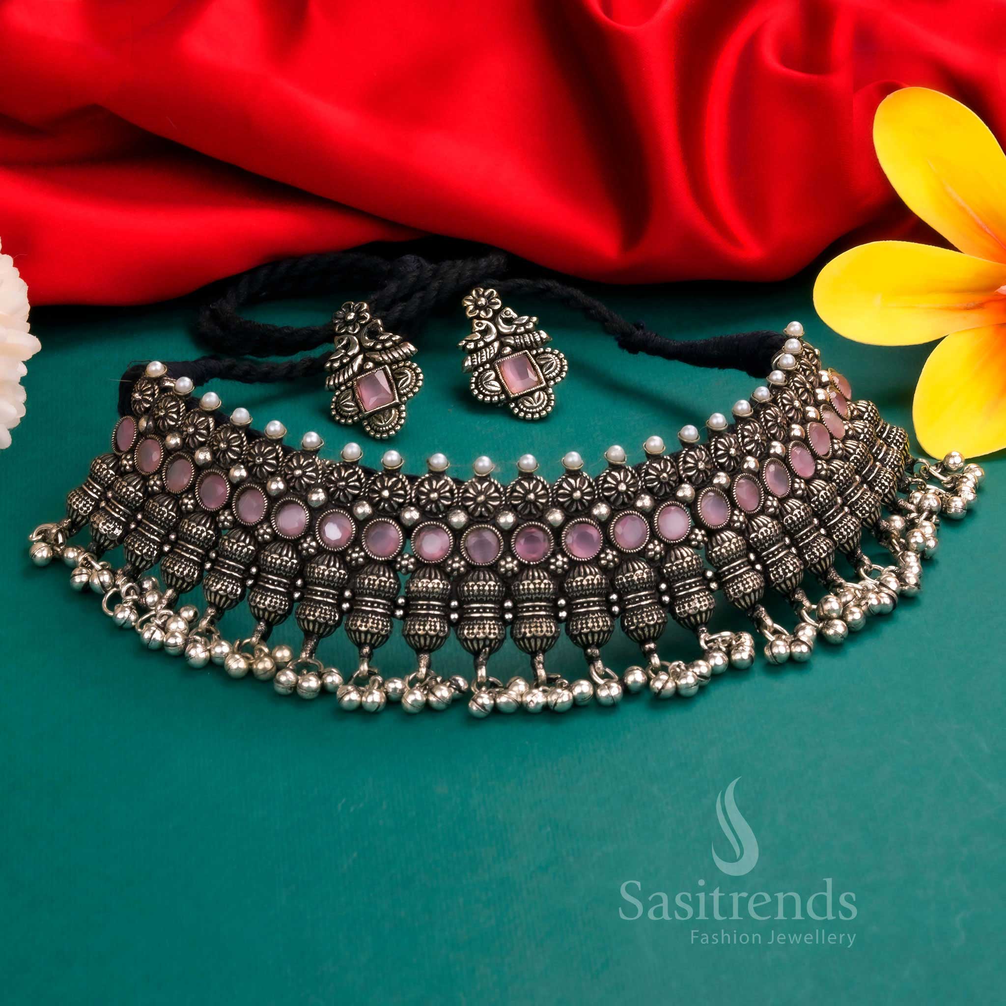 Handcrafted Grand Oxidised Choker Necklace Set Adorned with Pink Stones – A Perfect Choice for Festive Finery - Sasitrends