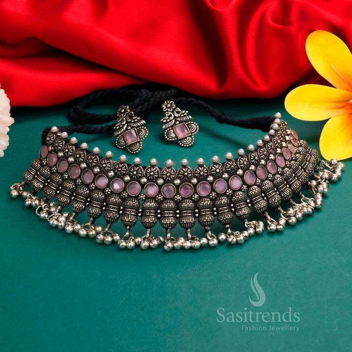 Handcrafted Grand Oxidised Choker Necklace Set Adorned with Pink Stones – A Perfect Choice for Festive Finery - Sasitrends