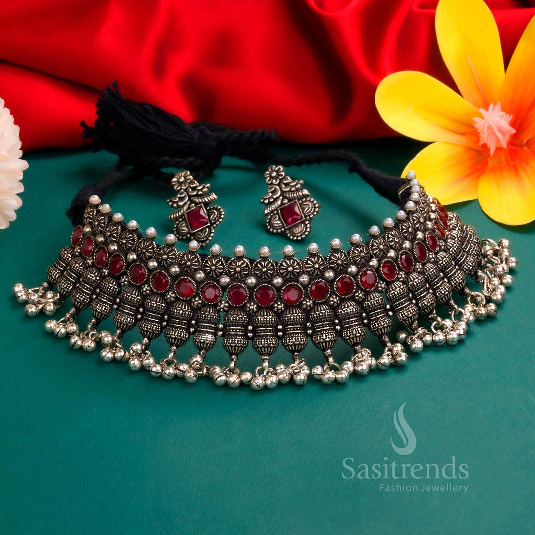 Exquisite Vintage Finish Grand Oxidised Choker Necklace with Ruby Stone Hangings – A Statement of Timeless Charm - Sasitrends