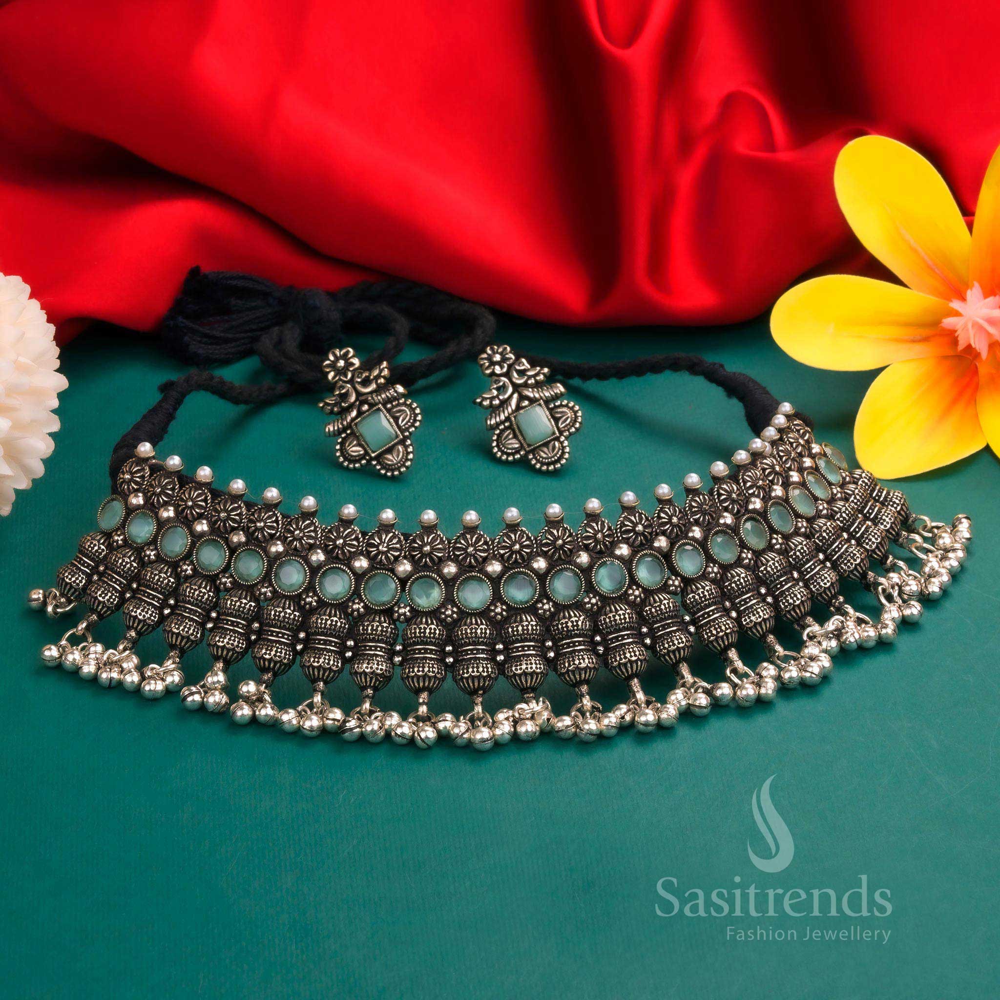 Statement Floral Motif Choker Set in Oxidised Jewellery with Mint Stones – An Elegance for Traditional Glow- Sasitrends 