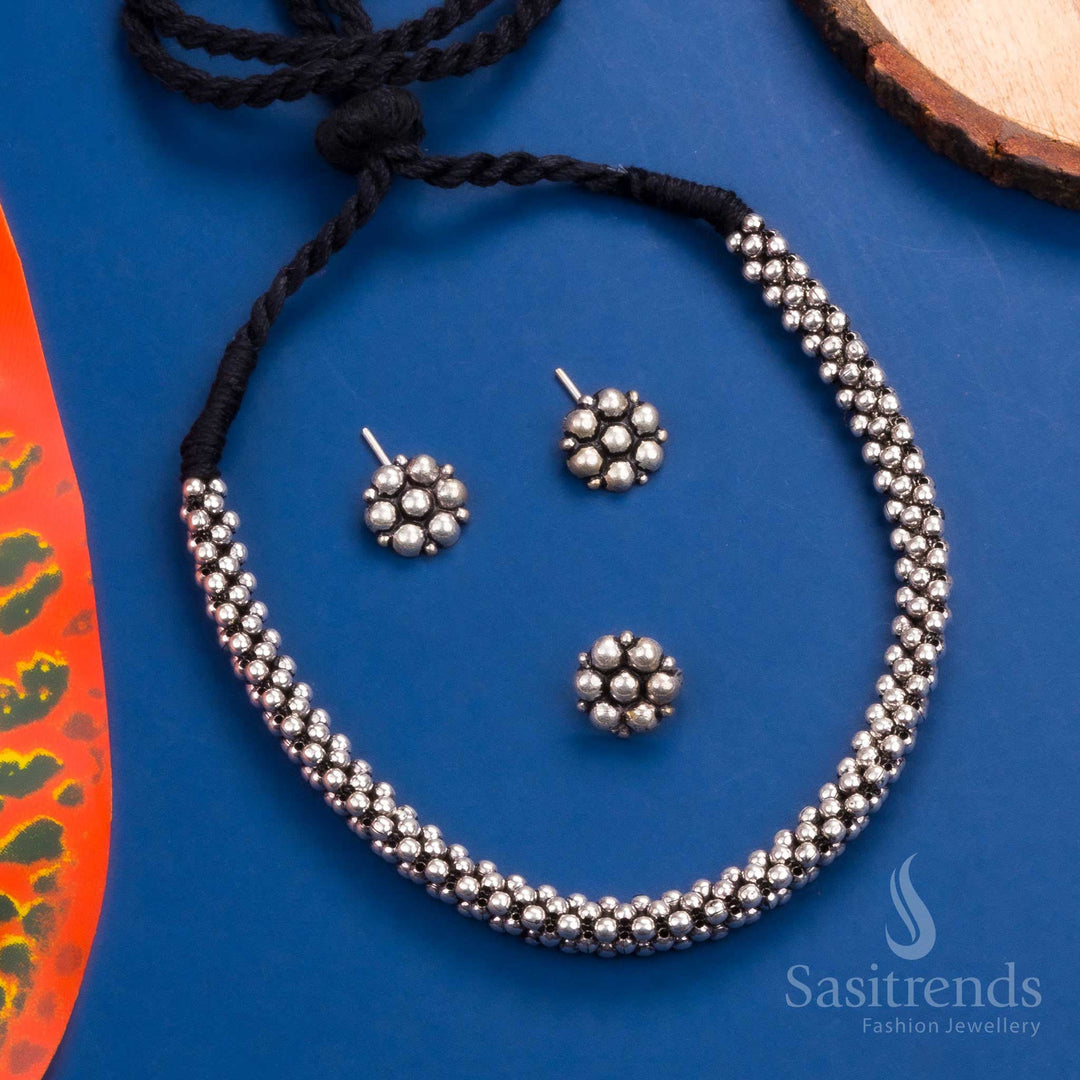 Kolhapuri Oxidized German Silver Necklace Set with Floral Earrings and Ring - Traditional Jewellery