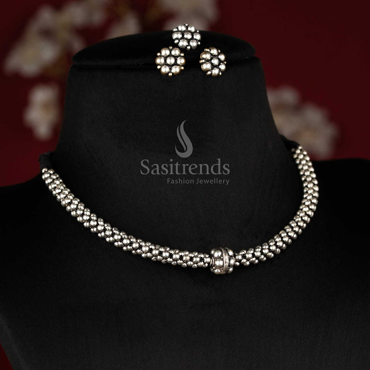 Kolhapuri oxidized silver necklace set with floral earrings and ring - perfect for parties and traditional occasions - Sasitrends