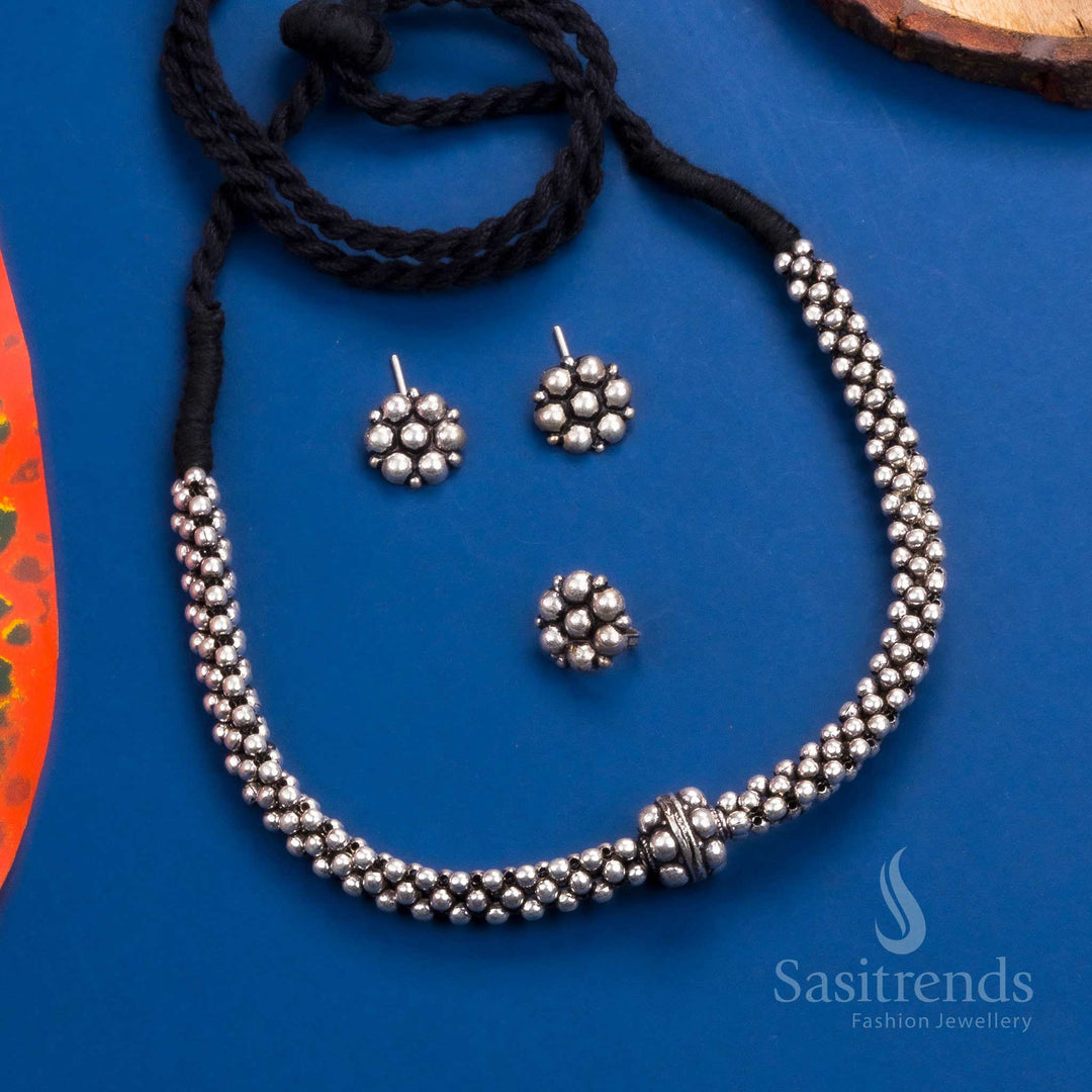 Kolhapuri oxidized silver necklace set with floral earrings and ring - perfect for parties and traditional occasions - Sasitrends