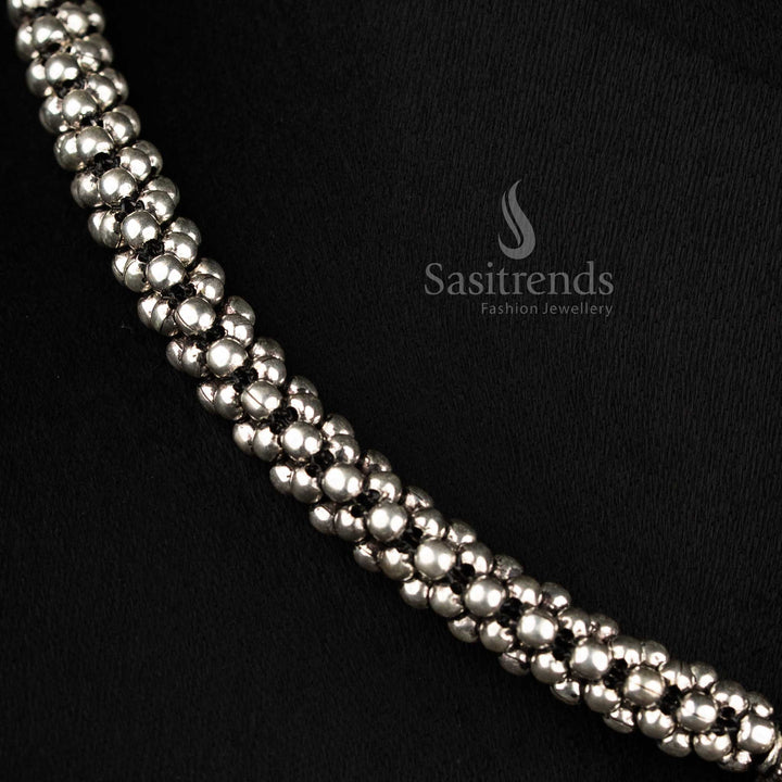 Kolhapuri oxidized silver necklace set with floral earrings and ring - perfect for parties and traditional occasions - Sasitrends 