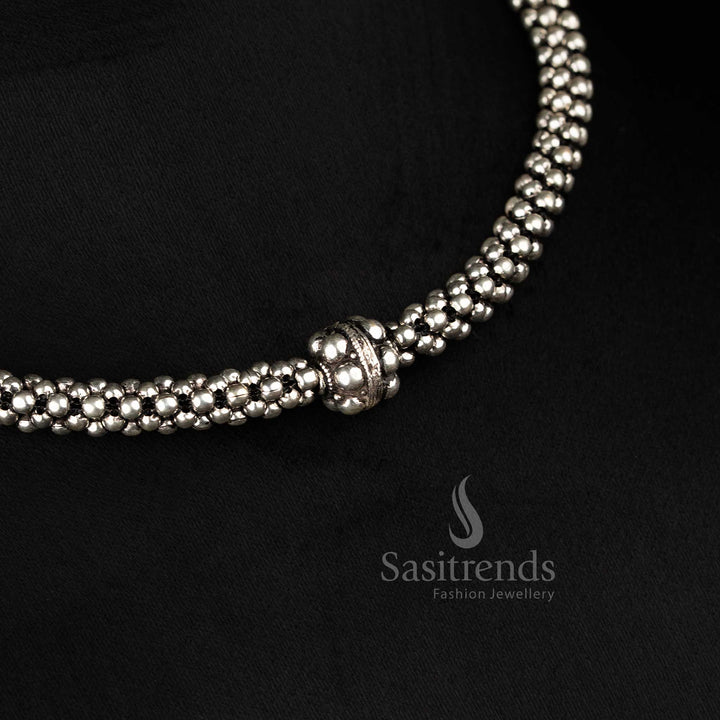 Kolhapuri oxidized silver necklace set with floral earrings and ring - perfect for parties and traditional occasions - Sasitrends 