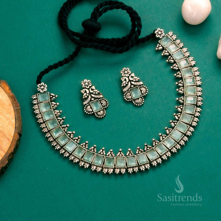 Gorgeous Oxidised Rectangular Shaped Stones and Matching Earrings Jewellery Set for Party Wear - Online Shopping