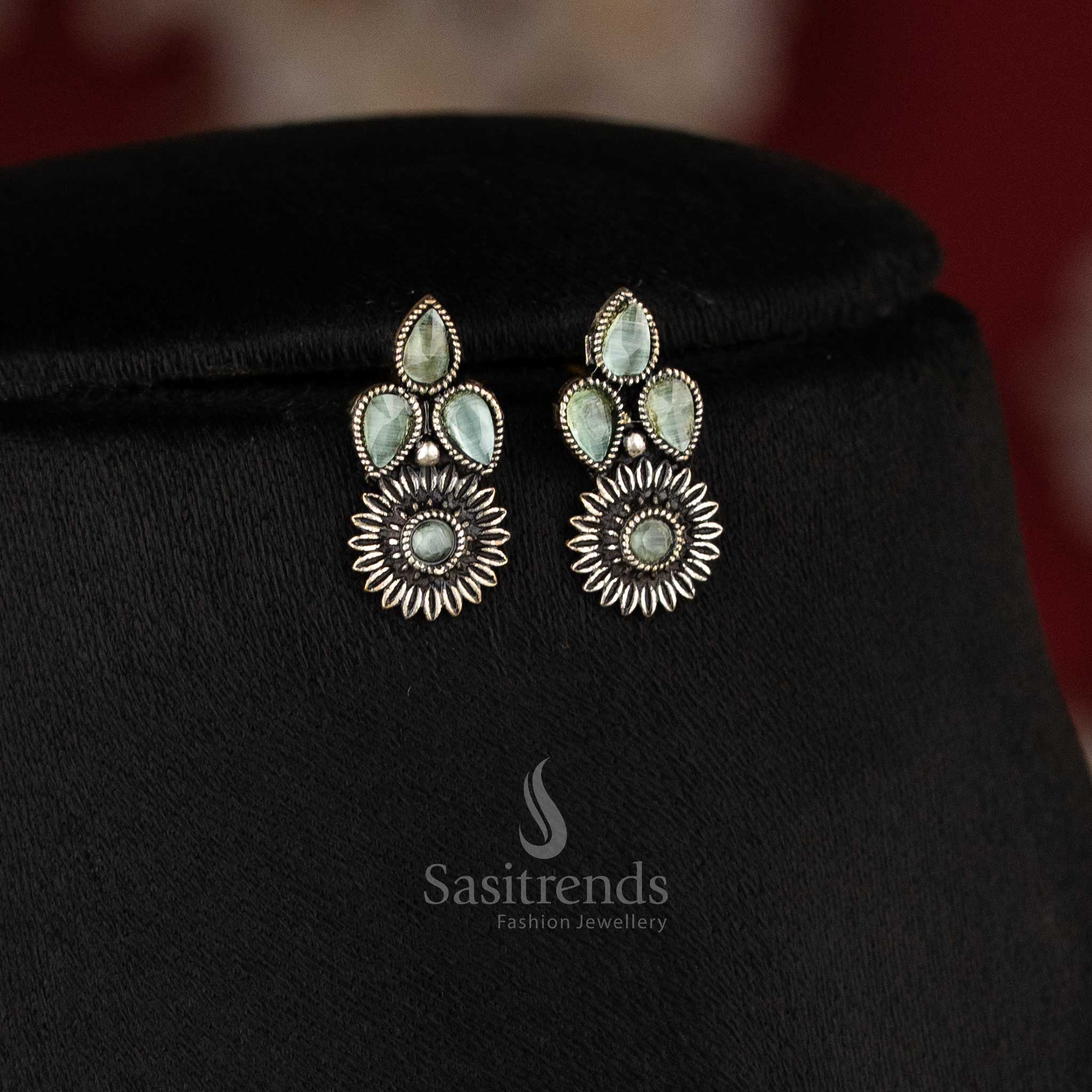 Stunning mint stone oxidised floral necklace and matching earrings set, designed for trendy party and traditional wear jewellery collections - Sasitrends