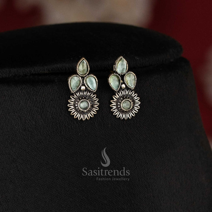 Stunning mint stone oxidised floral necklace and matching earrings set, designed for trendy party and traditional wear jewellery collections - Sasitrends