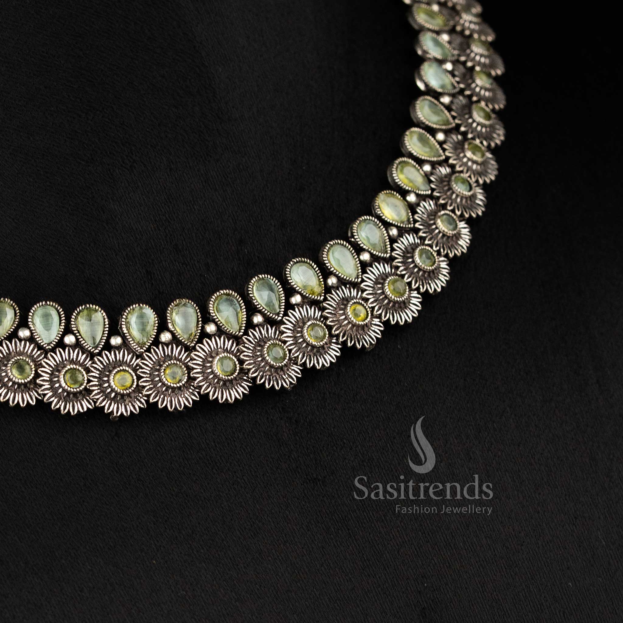 Stunning mint stone oxidised floral necklace and matching earrings set, designed for trendy party and traditional wear jewellery collections - Sasitrends