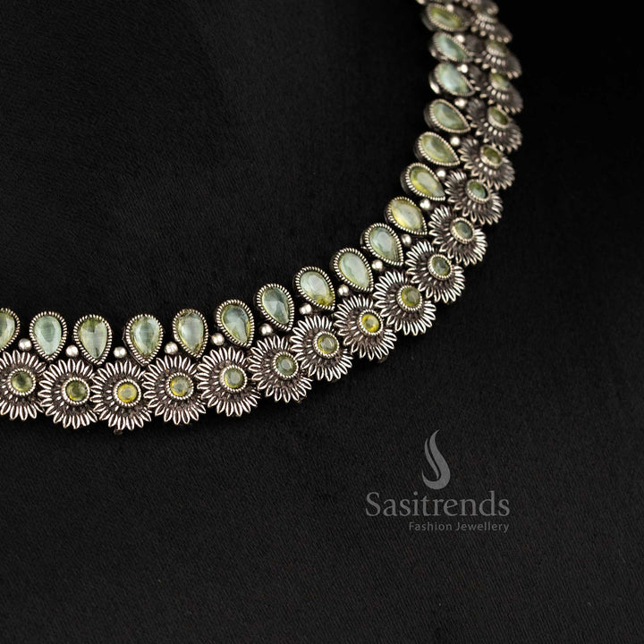 Stunning mint stone oxidised floral necklace and matching earrings set, designed for trendy party and traditional wear jewellery collections - Sasitrends