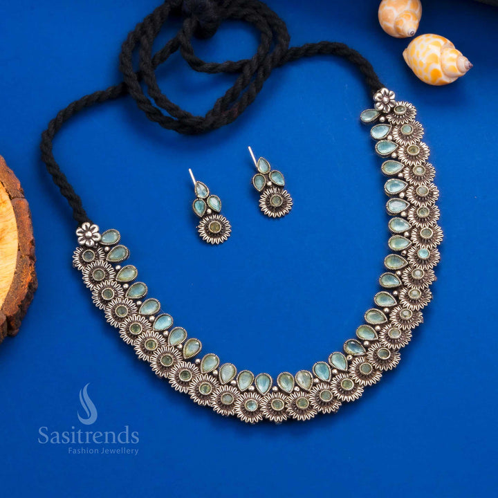 Stunning mint stone oxidised floral necklace and matching earrings set, designed for trendy party and traditional wear jewellery collections - Sasitrends