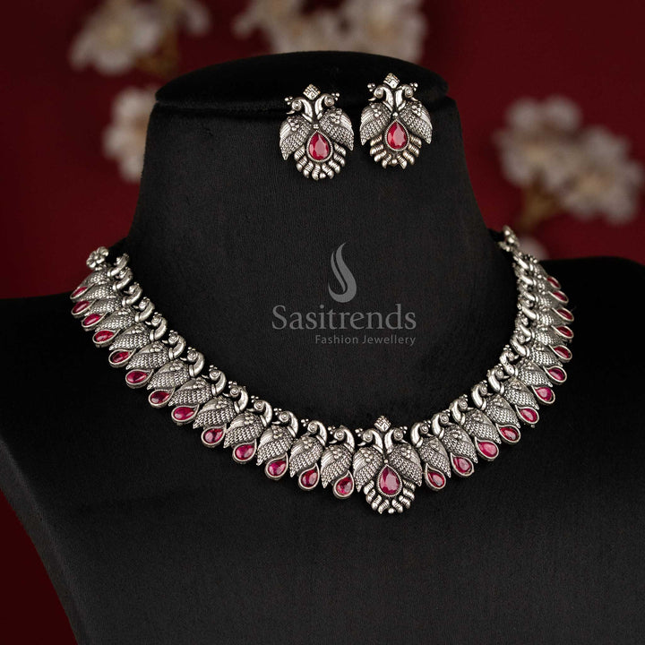 Latest Kushi Oxidised Silver Peacock Necklace with Tear Drop Stones & Matching Stud for Party Wear Necklace Jewellery Set