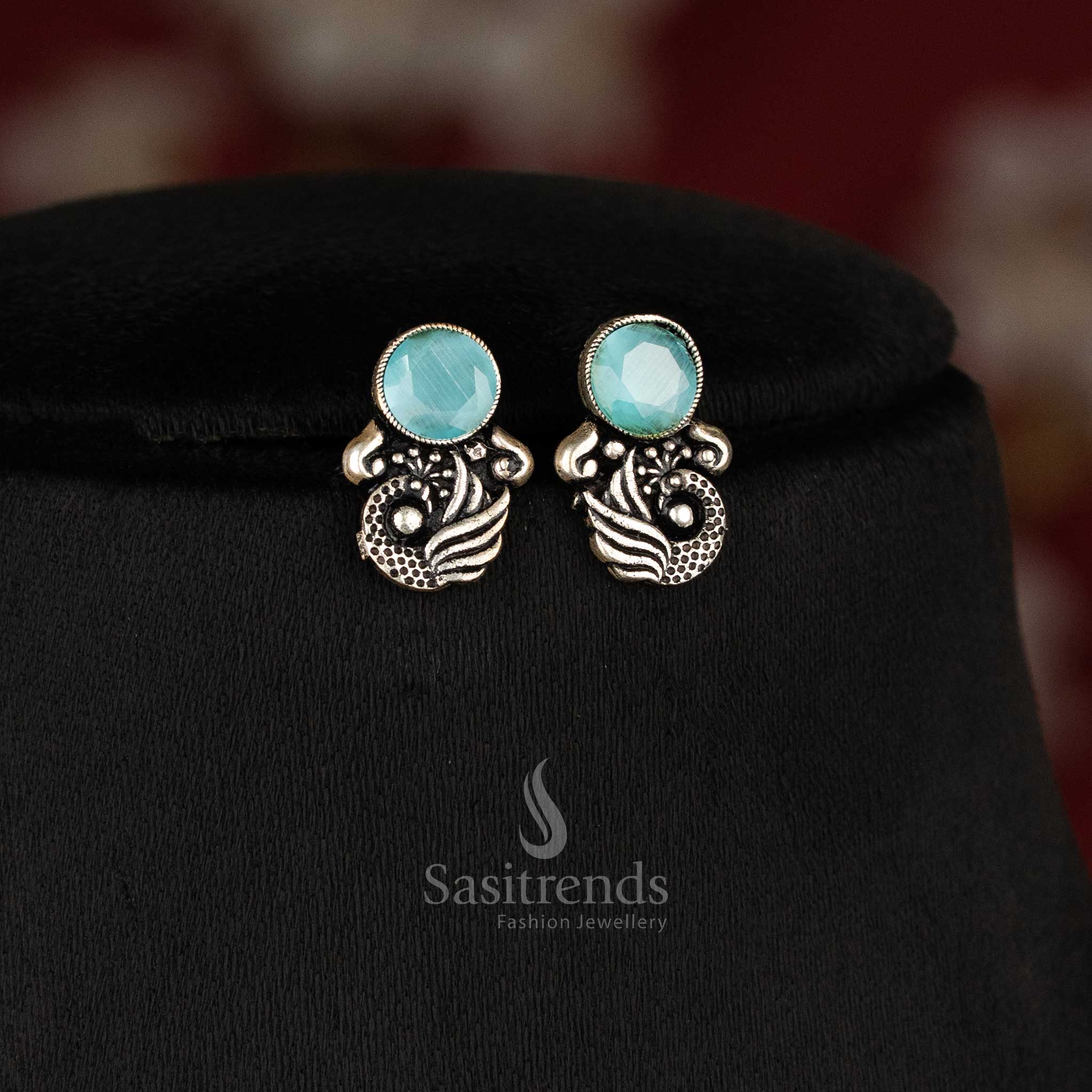 Heritage-inspired peacock Kushi oxidised necklace set featuring elegant mint stones and intricate peacock earrings, a modern ethnic jewellery masterpiece - Sasitrends