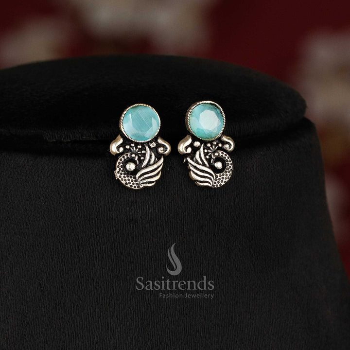 Heritage-inspired peacock Kushi oxidised necklace set featuring elegant mint stones and intricate peacock earrings, a modern ethnic jewellery masterpiece - Sasitrends