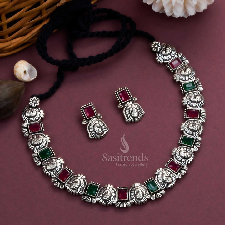 Heritage-inspired exquisite oxidised peacock Kushi necklace and earrings set, designed with ruby-green stones - Sasitrends