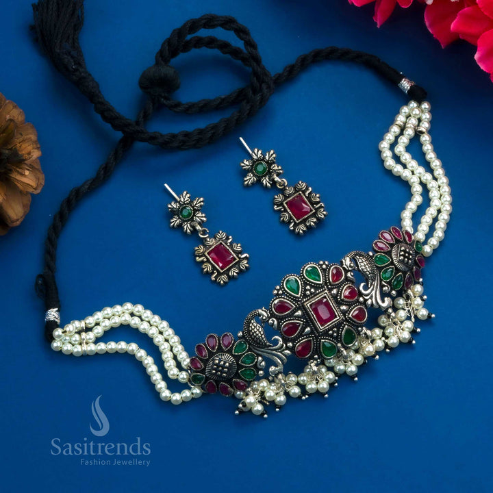 Trendy Traditional Wear: Kushi Oxidised Choker Stones Necklace with Peacock Motif and Pearls Jewellery Set