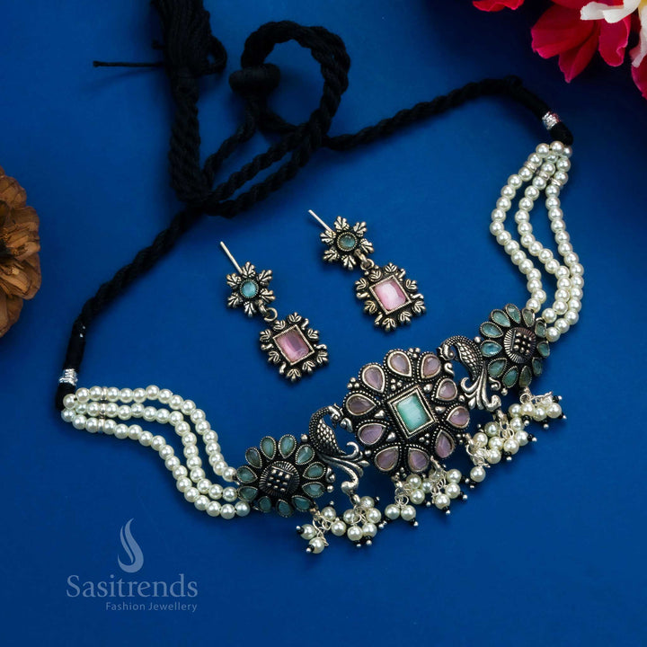 Exquisite Antique Finish Peacock Theme Oxidised Choker Necklace with Pink-Mint Stones and Pearls for Timeless Grandeur - Sasitrends