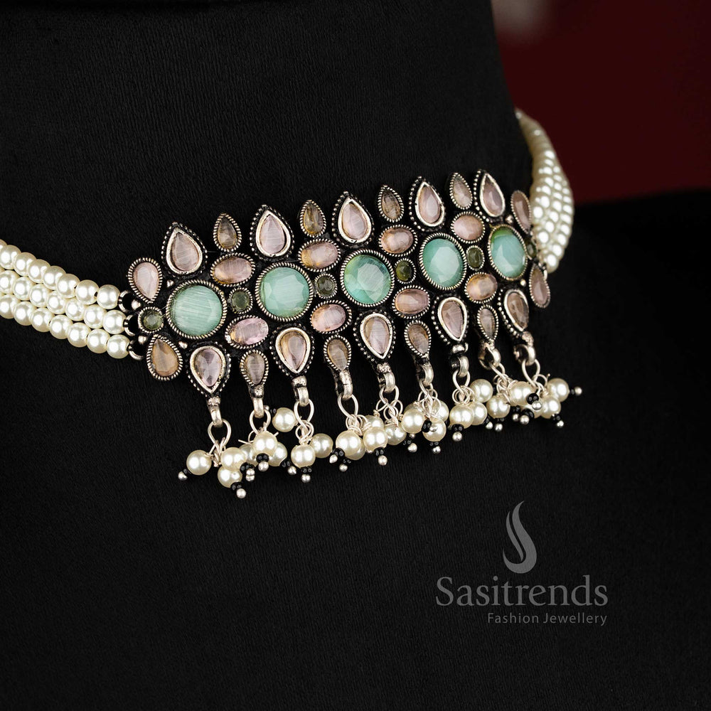 Statement Kushi Oxidised Choker Necklace with Pink-Mint Stone and Pearl Embellishments, Featuring Silver Tone Finesse - Sasitrends