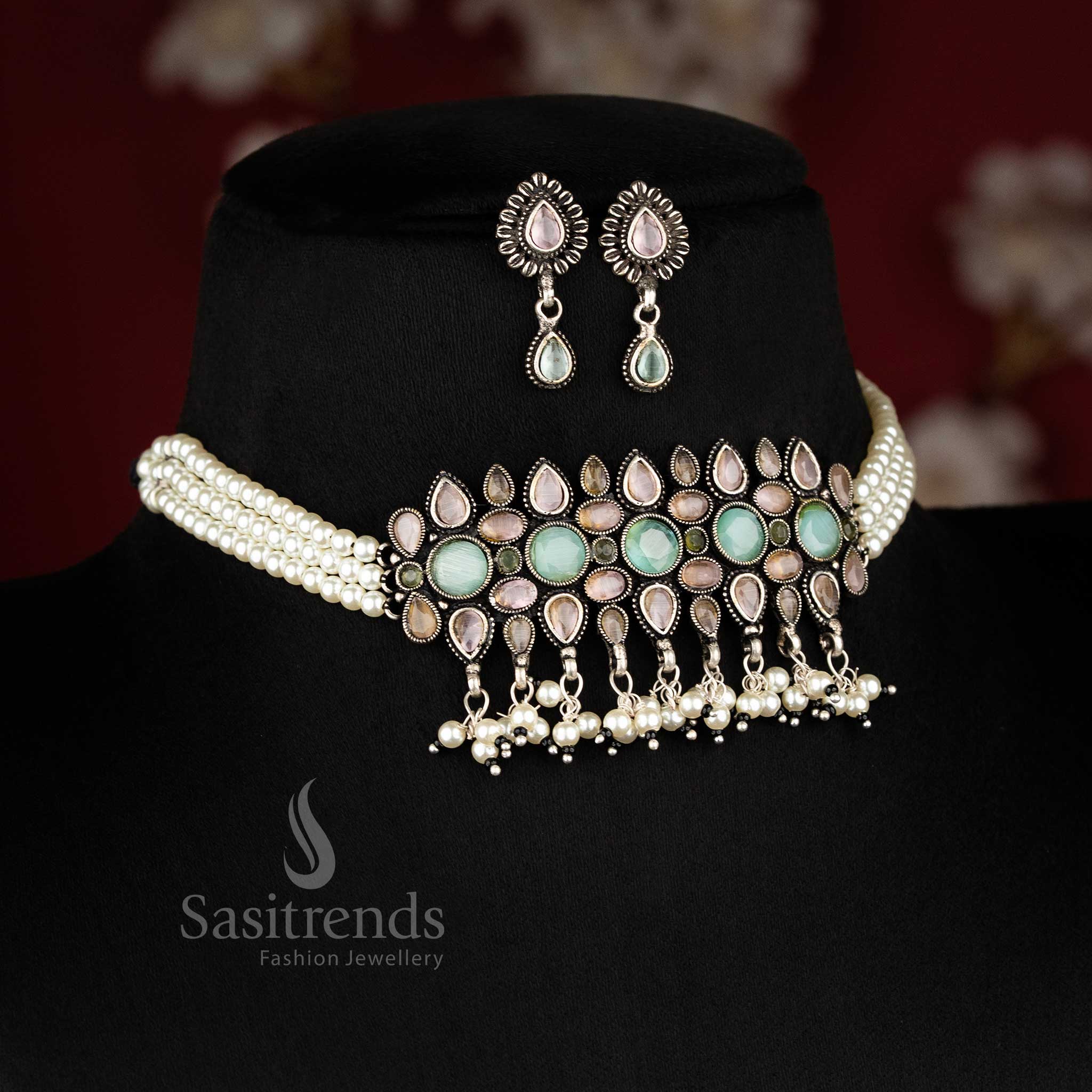 Statement Kushi Oxidised Choker Necklace with Pink-Mint Stone and Pearl Embellishments, Featuring Silver Tone Finesse - Sasitrends 